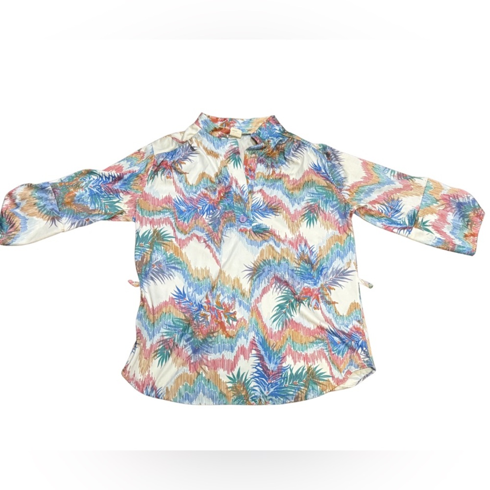 Vintage 80s Abstract Tropical‎ Blouse M Resort Coastal Top